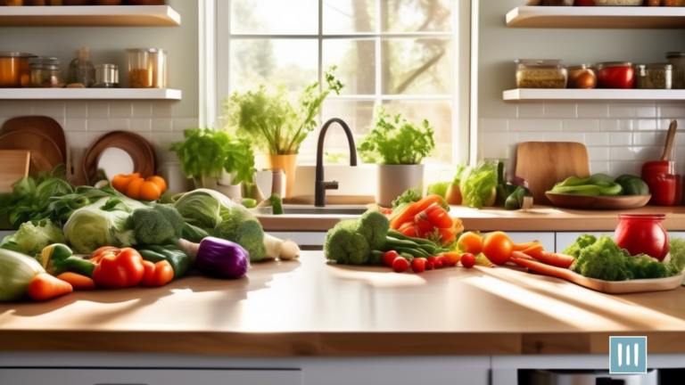 Mastering Whole Foods Meal Prep: A bright and inviting kitchen counter filled with colorful vegetables, fresh herbs, and neatly arranged meal prep containers, bathed in natural sunlight.