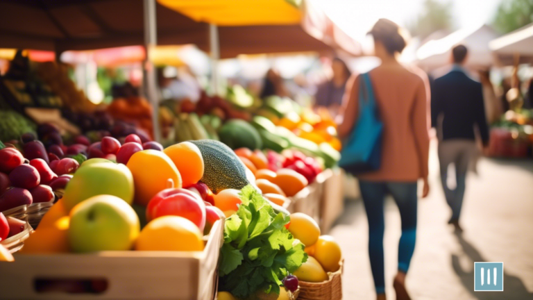 A person shopping at a farmers market, holding a reusable bag filled with colorful fruits and vegetables, with sunlight streaming through the outdoor market stalls. Discover tips and tricks for eating whole foods on a budget.