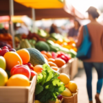 A person shopping at a farmers market, holding a reusable bag filled with colorful fruits and vegetables, with sunlight streaming through the outdoor market stalls. Discover tips and tricks for eating whole foods on a budget.