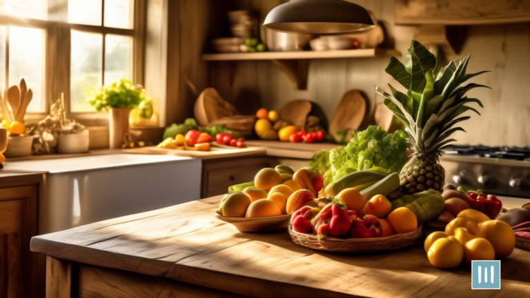 Alt text: Delicious whole foods recipes displayed on a rustic wooden countertop in a sunlit kitchen scene.