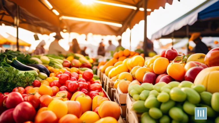 Vibrant farmers market scene with an abundance of fresh fruits and vegetables in early morning light, highlighting the contrast between whole foods and processed foods