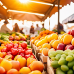 Vibrant farmers market scene with an abundance of fresh fruits and vegetables in early morning light, highlighting the contrast between whole foods and processed foods